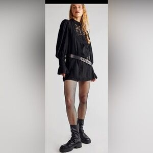 Free people one black vienna crochet lace puff smock sleeve boho dress size‎ XS